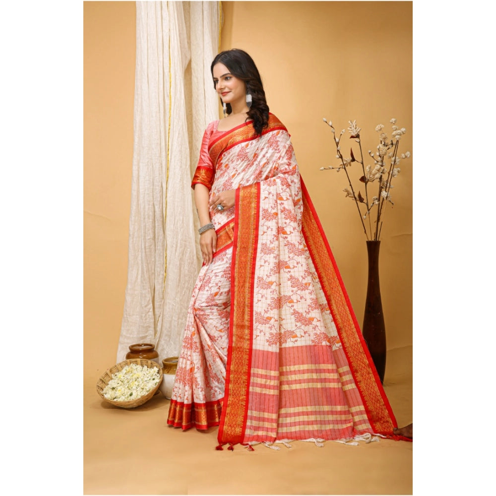 Amfyn Women's Soft Cotton Silk Printed Saree With Unstitched Blouse 5.5Mtr (Red)