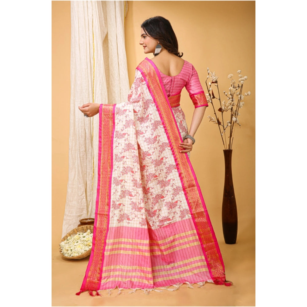 Amfyn Women's Soft Cotton Silk Printed Saree With Unstitched Blouse 5.5Mtr (Pink)