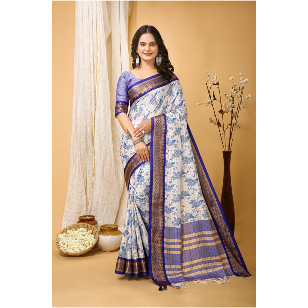 Amfyn Women's Soft Cotton Silk Printed Saree With Unstitched Blouse 5.5Mtr (Purple)