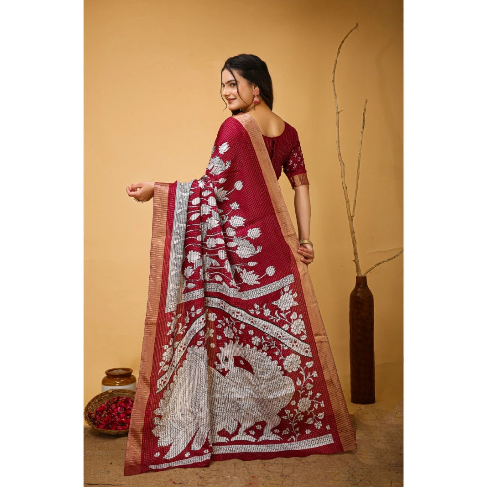 Amfyn Women's Soft Handloom Cotton Kalamkari Printed Saree With Unstitched Blouse 5.5Mtr (Maroon)