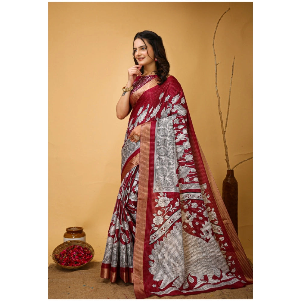 Amfyn Women's Soft Handloom Cotton Kalamkari Printed Saree With Unstitched Blouse 5.5Mtr (Maroon)