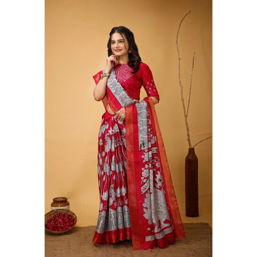 Amfyn Women's Soft Handloom Cotton Kalamkari Printed Saree With Unstitched Blouse 5.5Mtr (Pink)