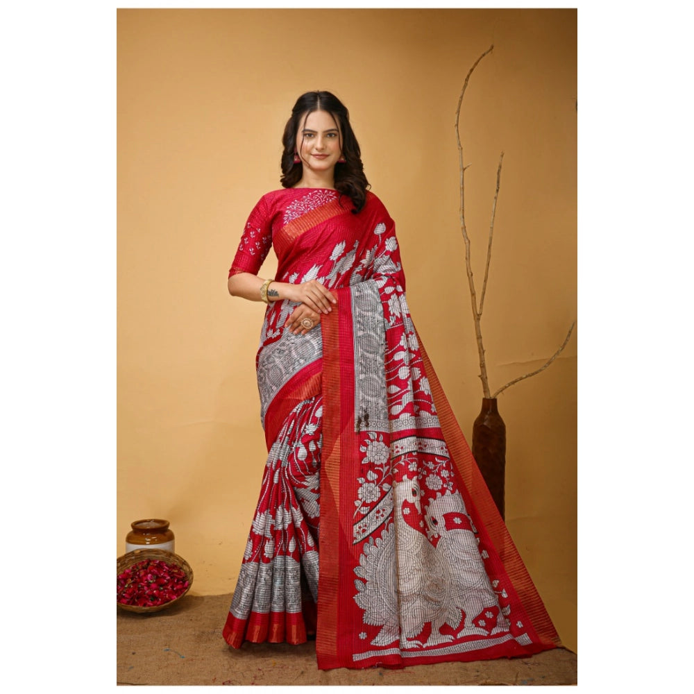 Amfyn Women's Soft Handloom Cotton Kalamkari Printed Saree With Unstitched Blouse 5.5Mtr (Pink)