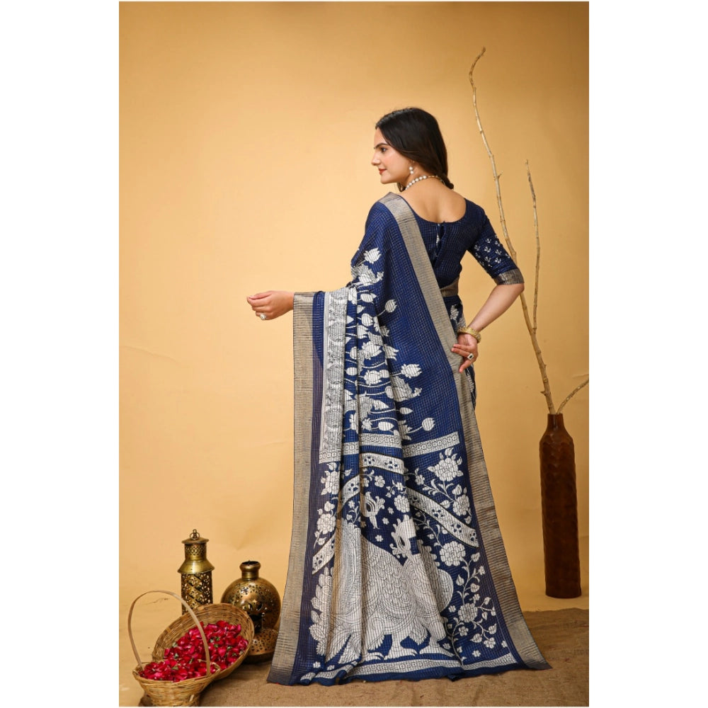 Amfyn Women's Soft Handloom Cotton Kalamkari Printed Saree With Unstitched Blouse 5.5Mtr (Blue)