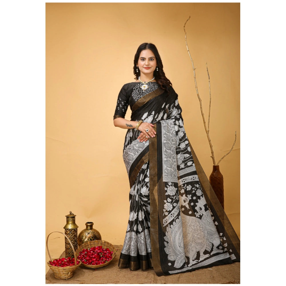 Amfyn Women's Soft Handloom Cotton Kalamkari Printed Saree With Unstitched Blouse 5.5Mtr (Black)