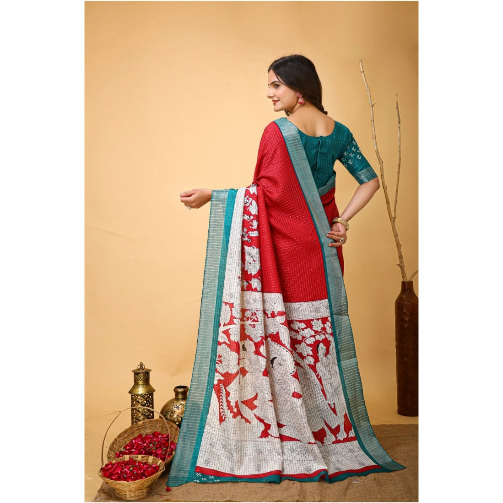 Amfyn Women's Soft Handloom Cotton Kalamkari Printed Saree With Unstitched Blouse 5.5Mtr (Red)