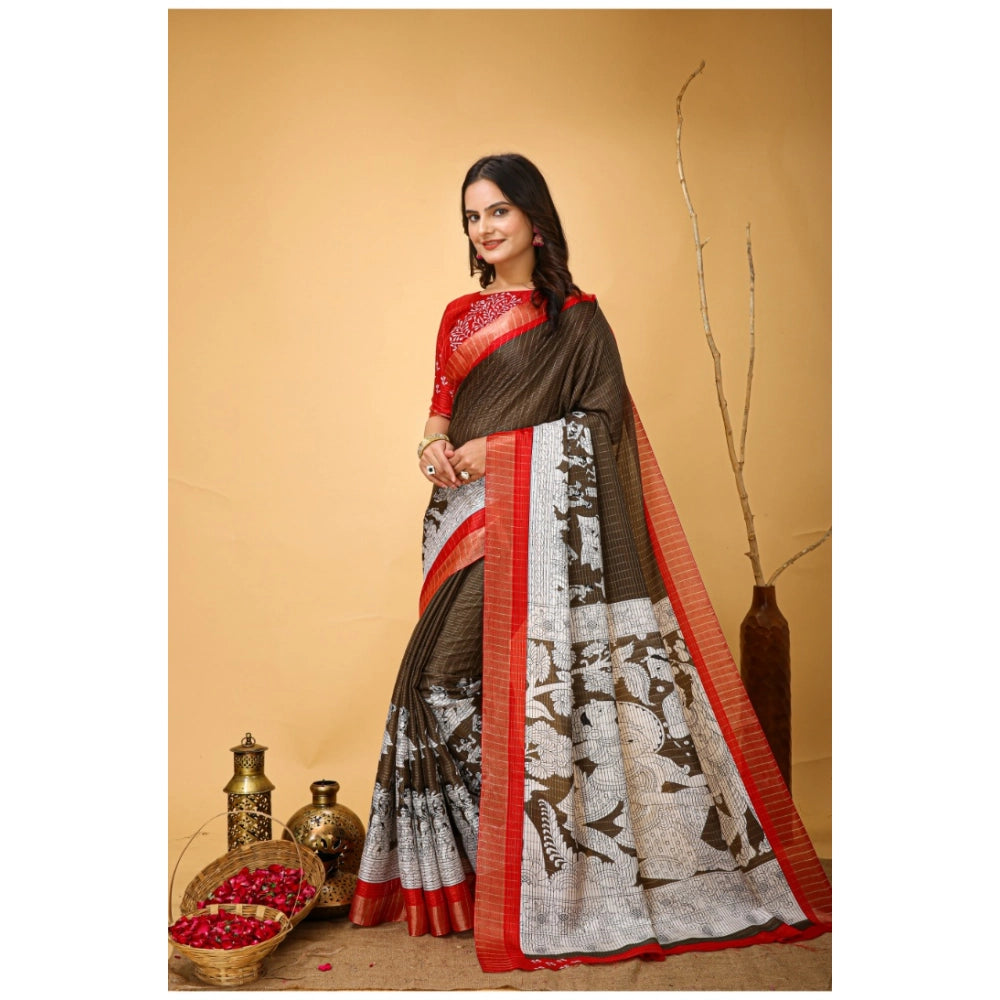 Amfyn Women's Soft Handloom Cotton Kalamkari Printed Saree With Unstitched Blouse 5.5Mtr (Brown)