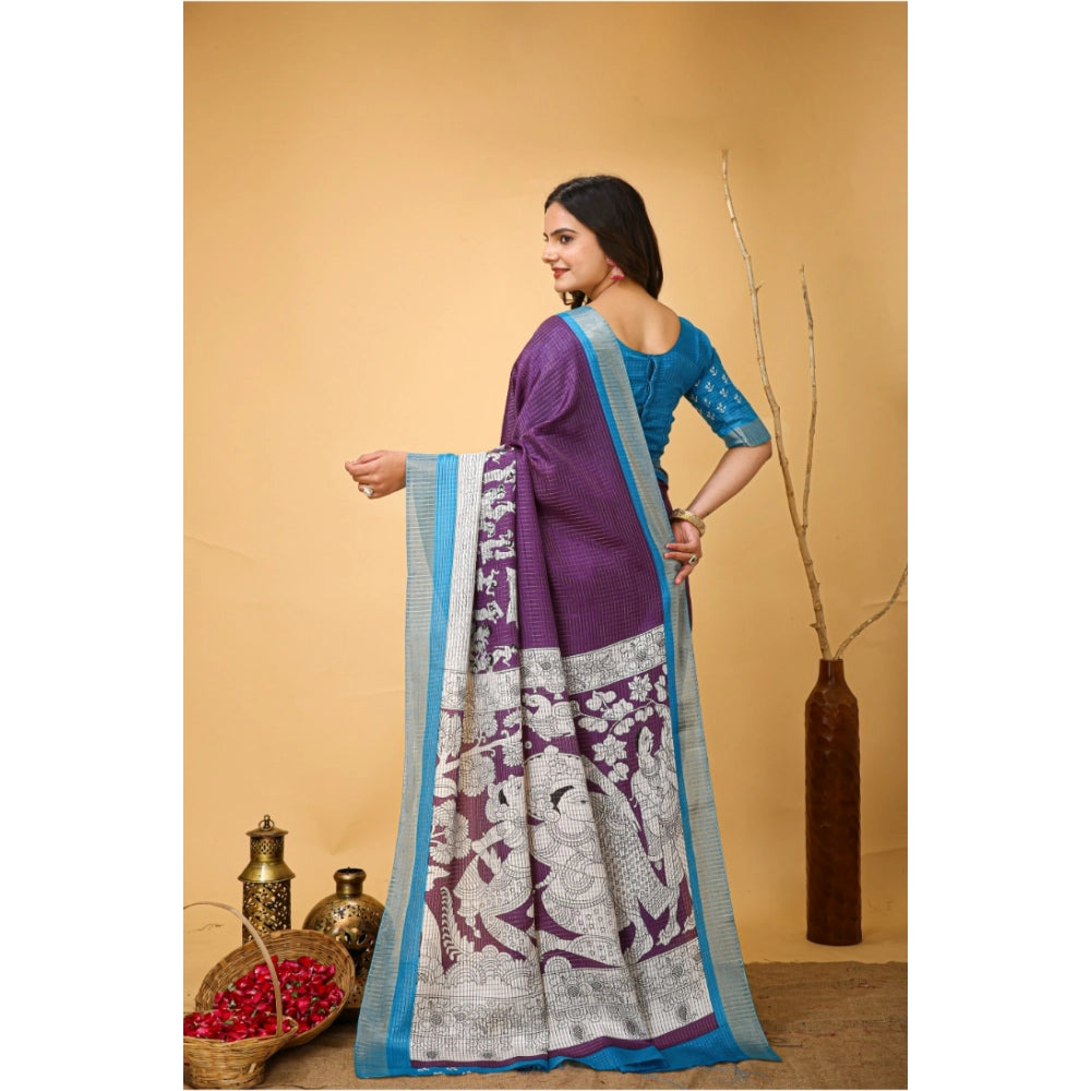 Amfyn Women's Soft Handloom Cotton Kalamkari Printed Saree With Unstitched Blouse 5.5Mtr (Purple)