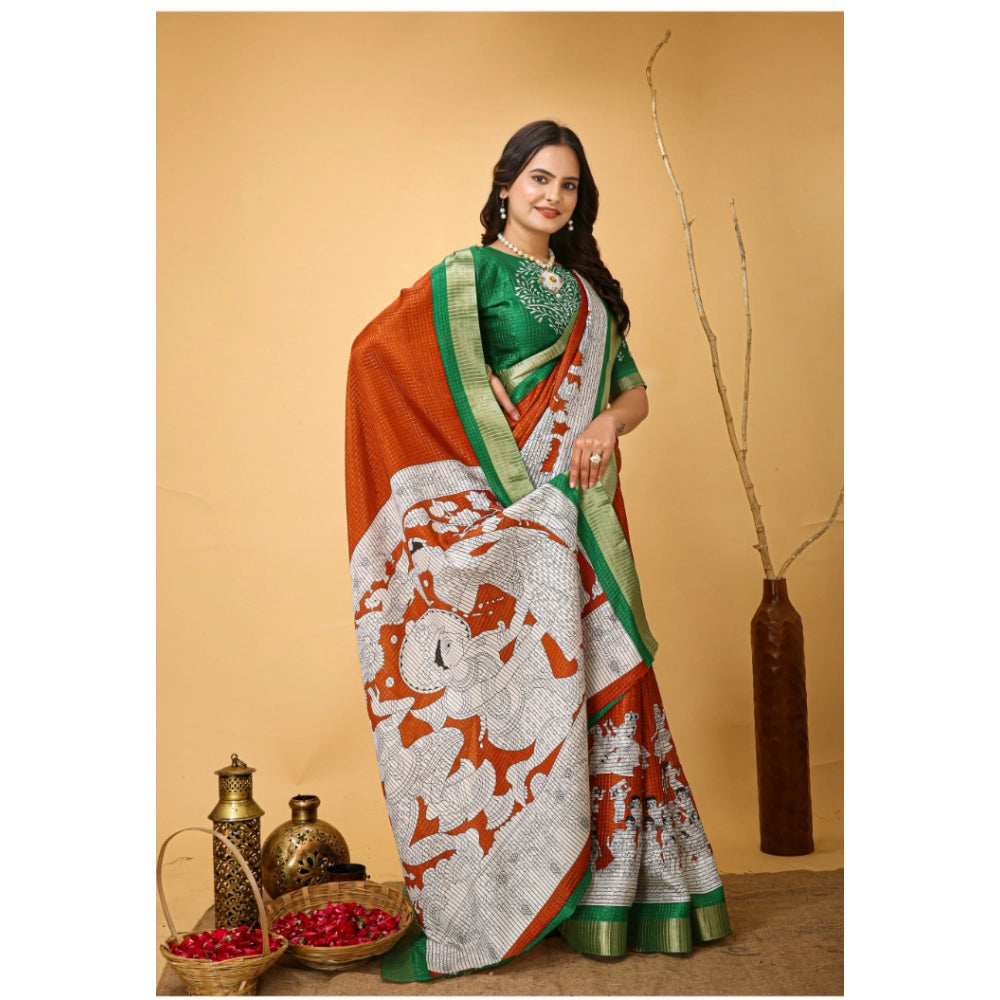 Amfyn Women's Soft Handloom Cotton Kalamkari Printed Saree With Unstitched Blouse 5.5Mtr (Orange)