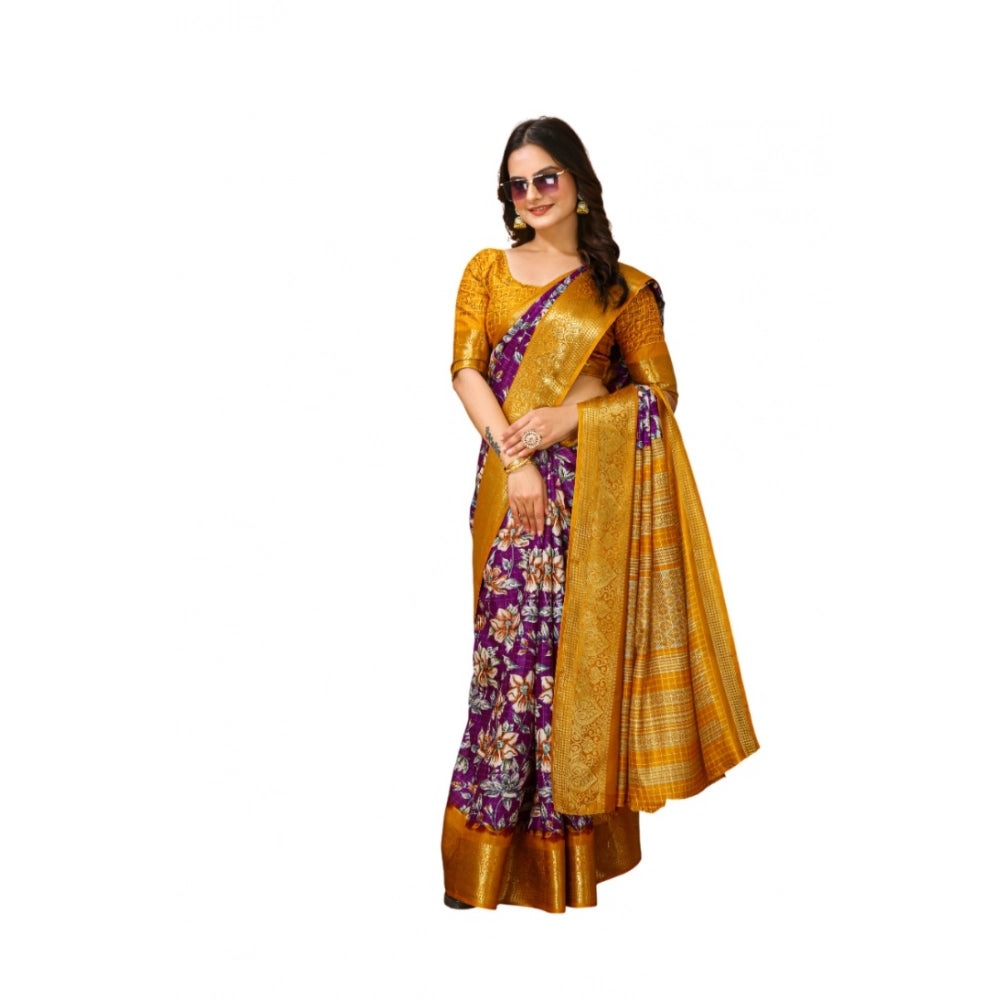 Amfyn Women's Soft Dola Cotton Kalamkari Printed Saree With Unstitched Blouse 5.5Mtr (Purple)
