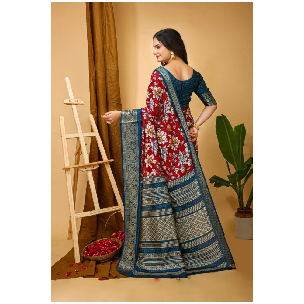 Amfyn Women's Soft Dola Cotton Kalamkari Printed Saree With Unstitched Blouse 5.5Mtr (Red)