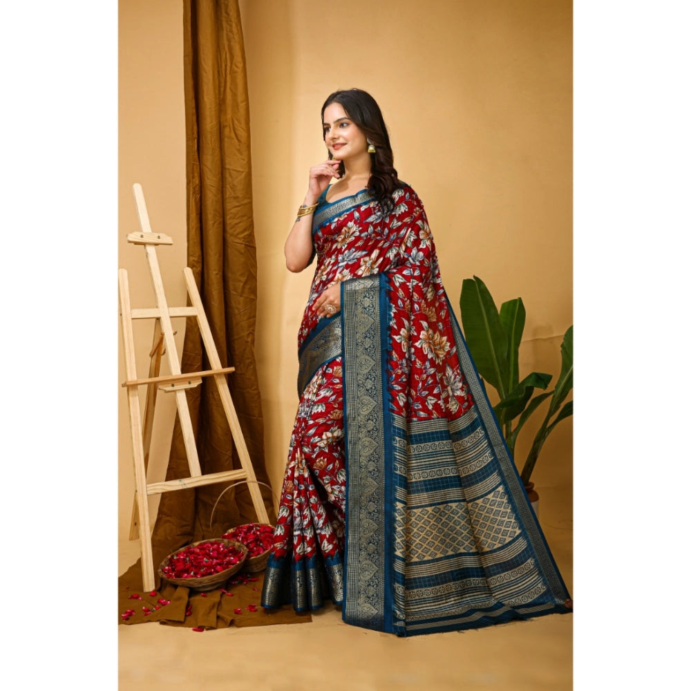 Amfyn Women's Soft Dola Cotton Kalamkari Printed Saree With Unstitched Blouse 5.5Mtr (Red)