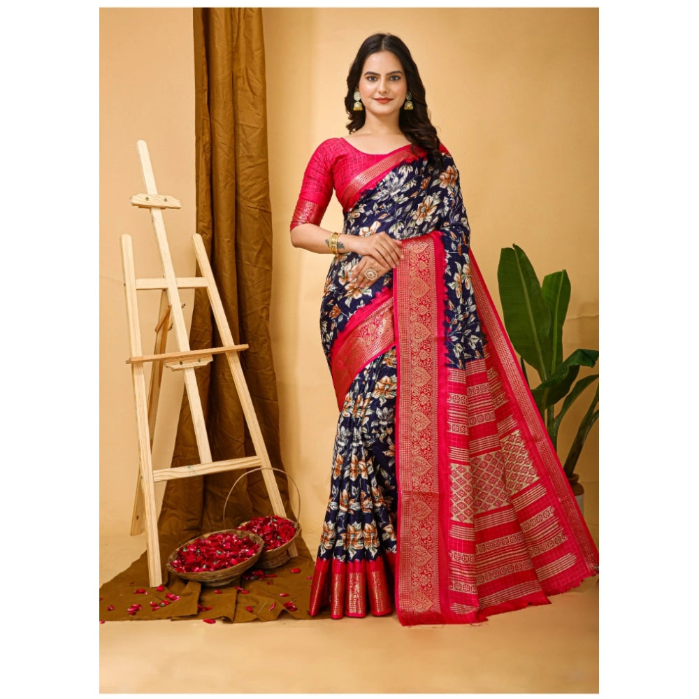 Amfyn Women's Soft Dola Cotton Kalamkari Printed Saree With Unstitched Blouse 5.5Mtr (Navy Blue)