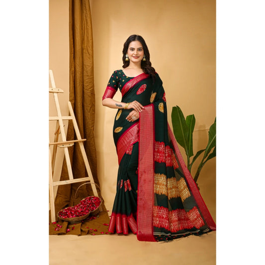 Amfyn Women's Soft Blooming Marshmallow Fabric Kalamkari Printed Saree With Unstitched Blouse 5.5Mtr (Green)