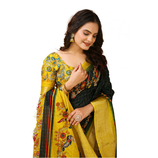 Amfyn Women's Soft Dola Cotton Kalamkari Printed Saree With Unstitched Blouse 5.5Mtr (Green)