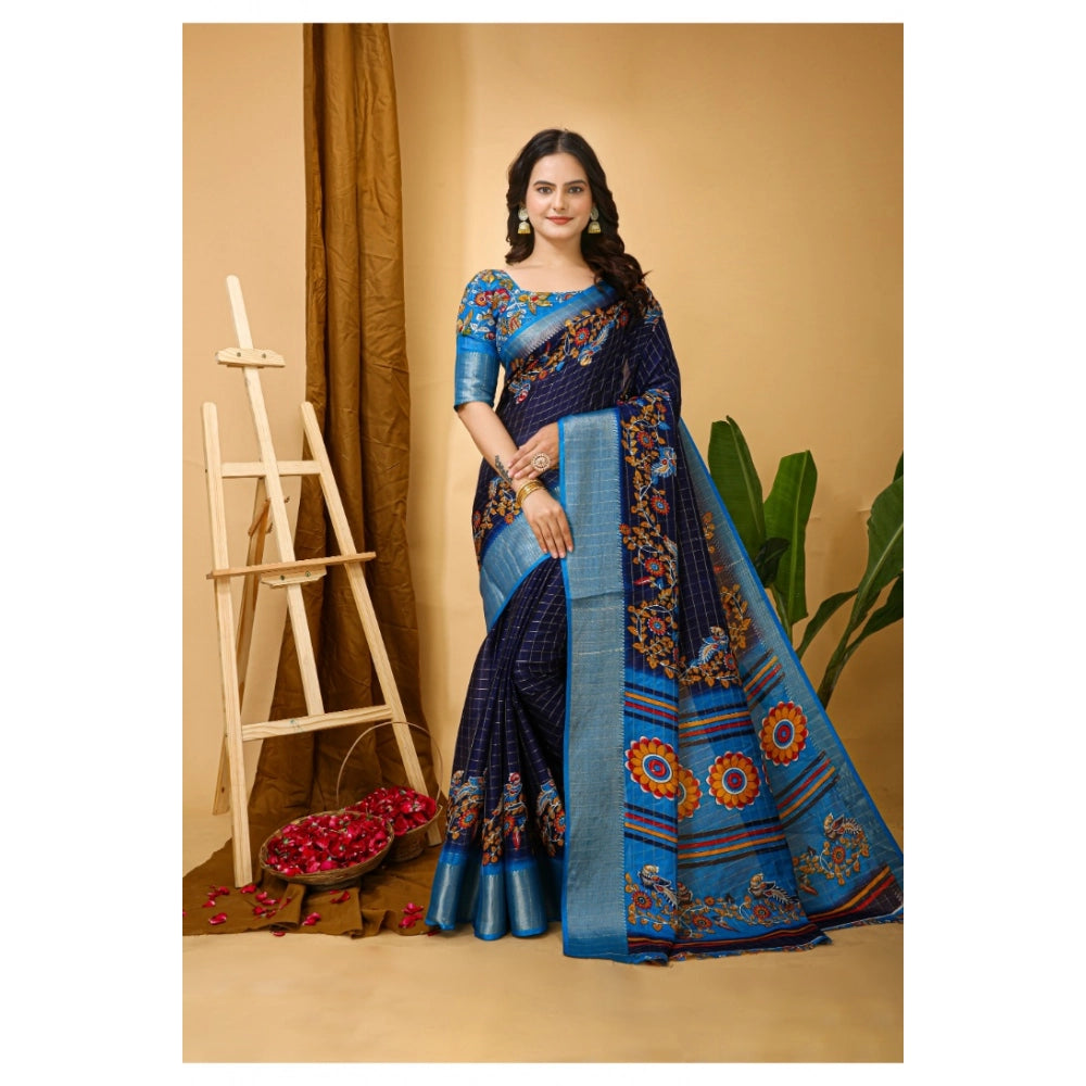 Amfyn Women's Soft Dola Cotton Kalamkari Printed Saree With Unstitched Blouse 5.5Mtr (Navy Blue)