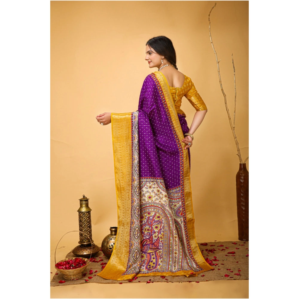 Amfyn Women's Soft Dola Cotton Kalamkari Printed Saree With Unstitched Blouse 5.5Mtr (Purple)