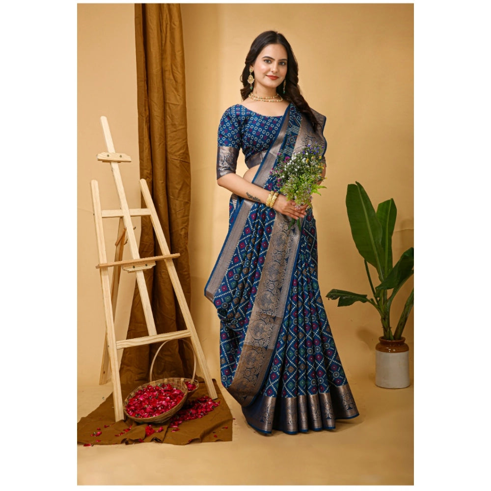 Amfyn Women's Soft Dola Cotton Kalamkari Printed Saree With Unstitched Blouse 5.5Mtr (Blue)