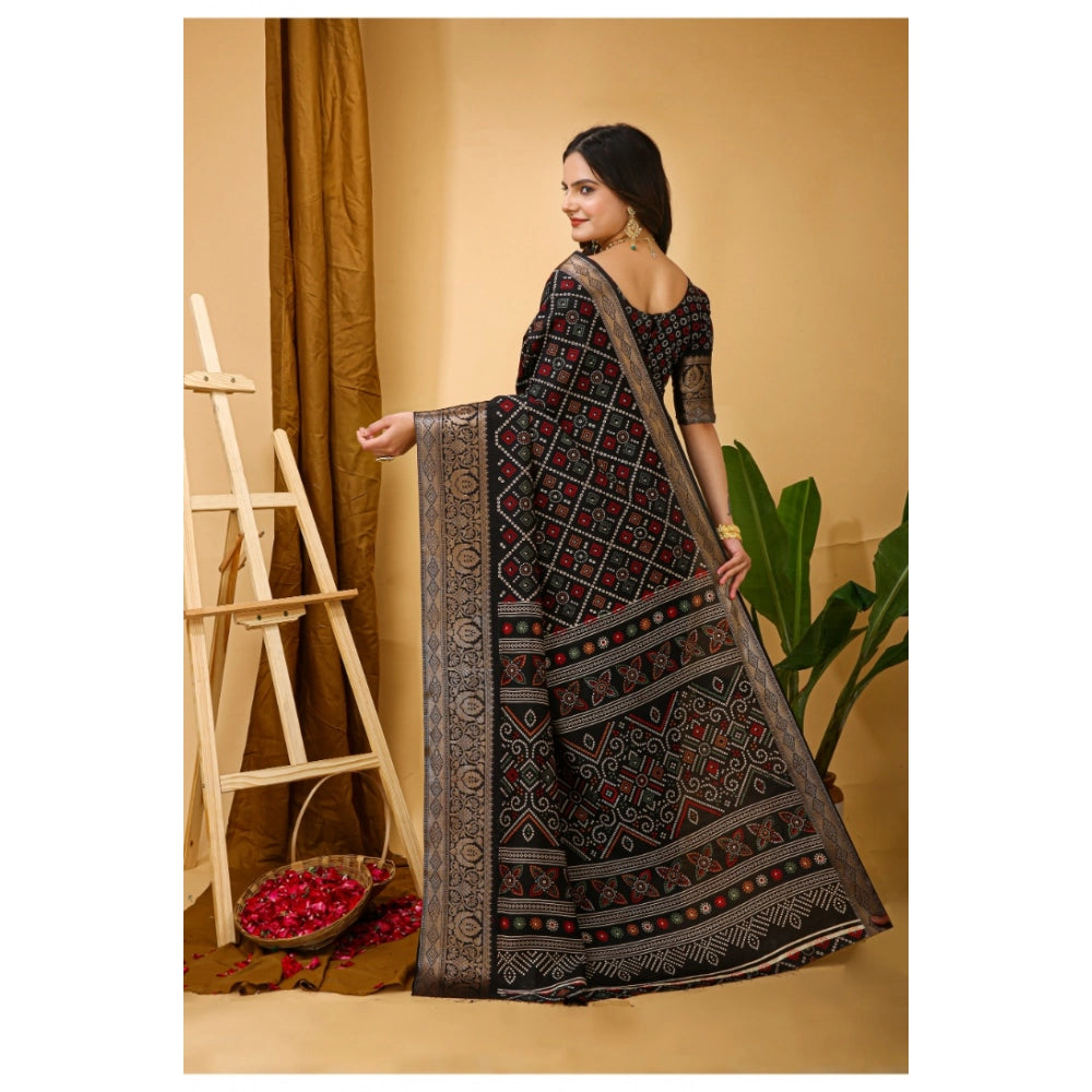 Amfyn Women's Soft Dola Cotton Kalamkari Printed Saree With Unstitched Blouse 5.5Mtr (Black)