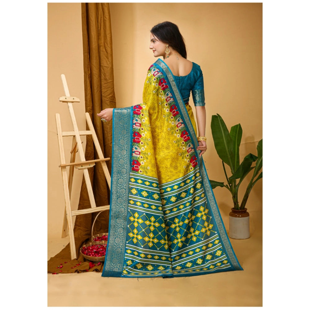 Amfyn Women's Soft Dola Cotton Kalamkari Printed Saree With Unstitched Blouse 5.5Mtr (Yellow)