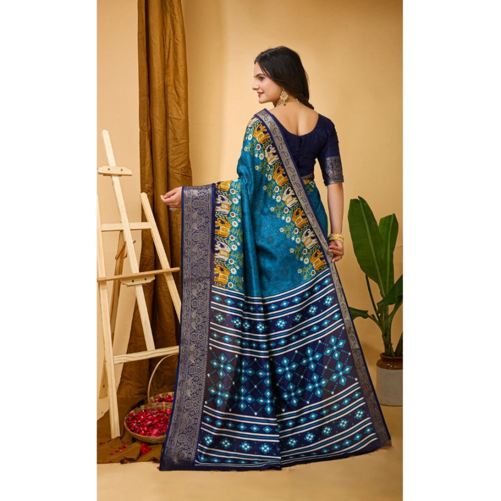 Amfyn Women's Soft Dola Cotton Kalamkari Printed Saree With Unstitched Blouse 5.5Mtr (Blue)