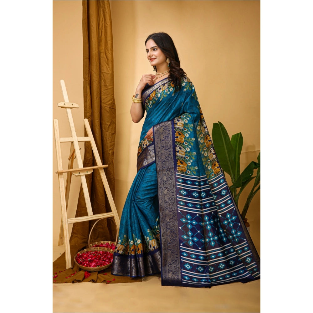 Amfyn Women's Soft Dola Cotton Kalamkari Printed Saree With Unstitched Blouse 5.5Mtr (Blue)