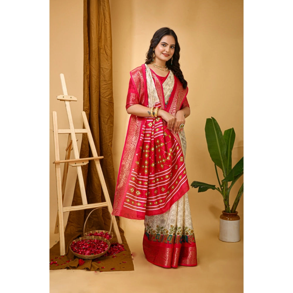 Amfyn Women's Soft Dola Cotton Kalamkari Printed Saree With Unstitched Blouse 5.5Mtr (White)