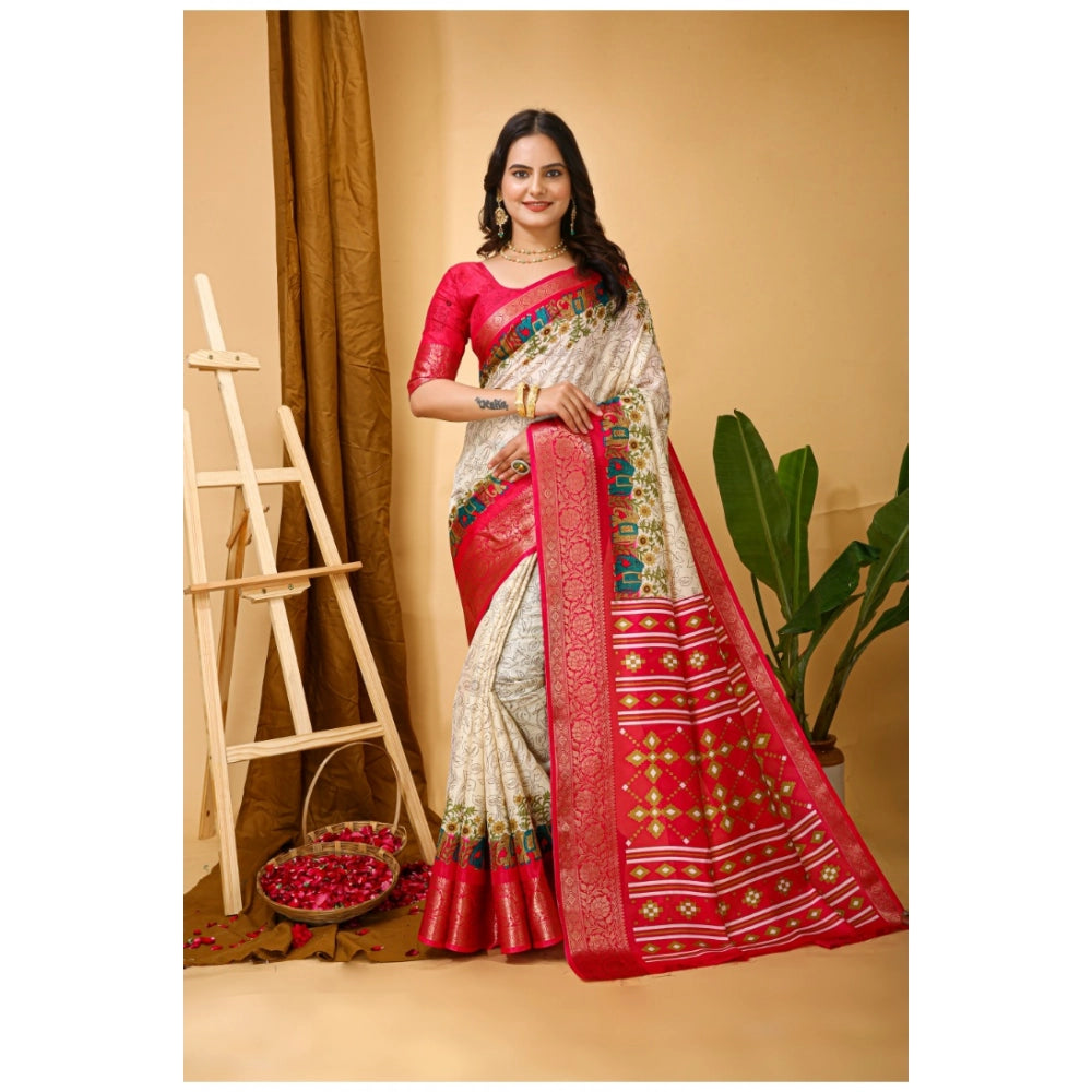 Amfyn Women's Soft Dola Cotton Kalamkari Printed Saree With Unstitched Blouse 5.5Mtr (White)