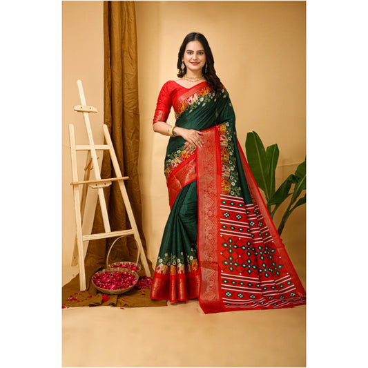 Amfyn Women's Soft Dola Cotton Kalamkari Printed Saree With Unstitched Blouse 5.5Mtr (Green)