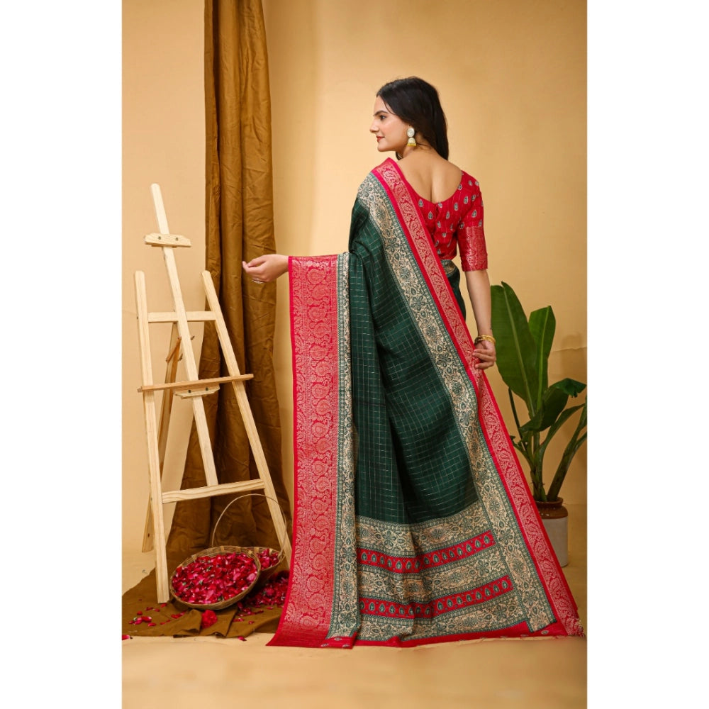 Amfyn Women's Soft Dola Cotton Kalamkari Printed Saree With Unstitched Blouse 5.5Mtr (B.Green)