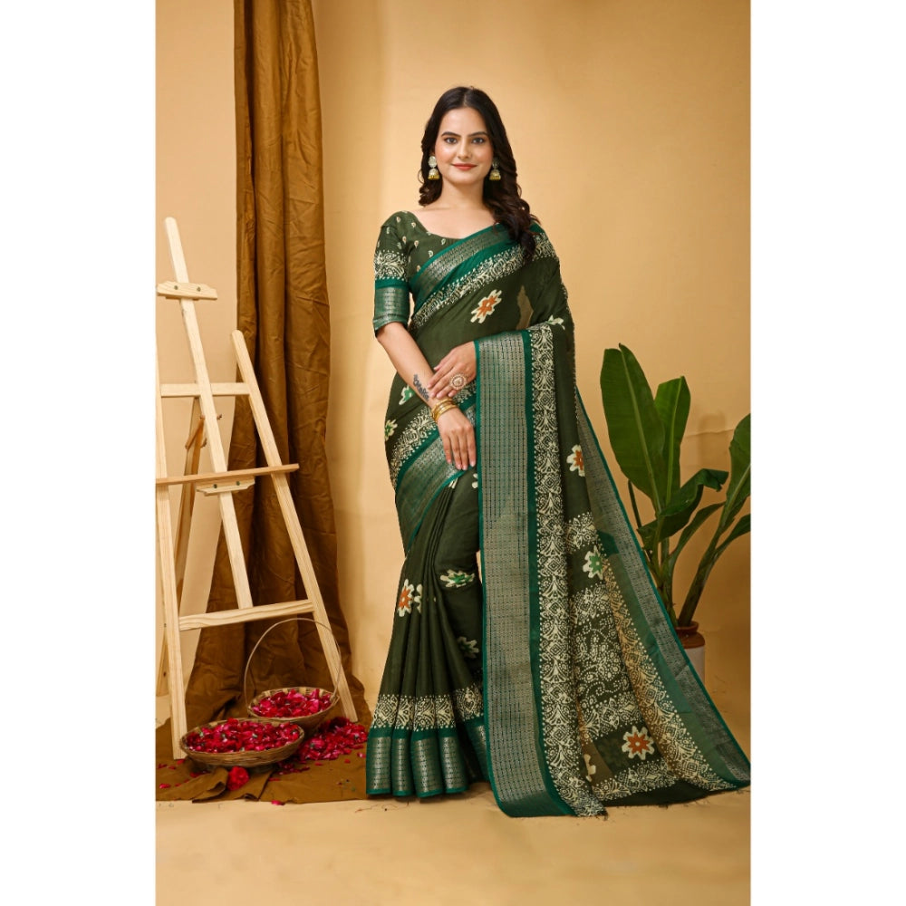 Amfyn Women's Soft Blooming Marshmallow Fabric Kalamkari Printed Saree With Unstitched Blouse 5.5Mtr (Green)