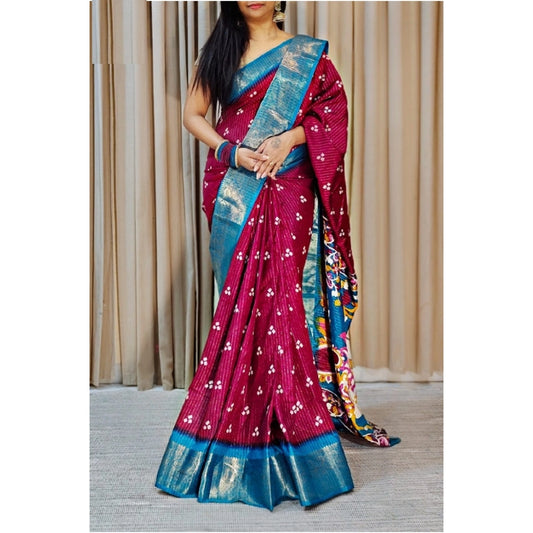 Amfyn Women's Soft Dola Cotton Kalamkari Printed Saree With Unstitched Blouse 5.5Mtr (Wine)