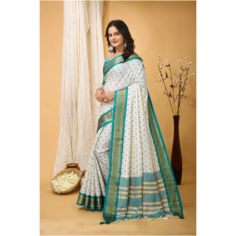 Amfyn Women's Soft Cotton Silk Printed Saree With Unstitched Blouse 5.5Mtr (Rama Green)