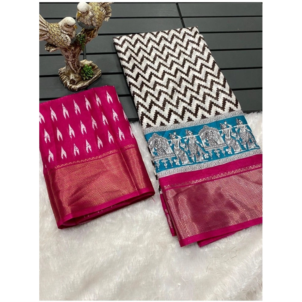 Amfyn Women's Soft Dola Cotton Kalamkari Printed Saree With Unstitched Blouse 5.5Mtr (Pink)