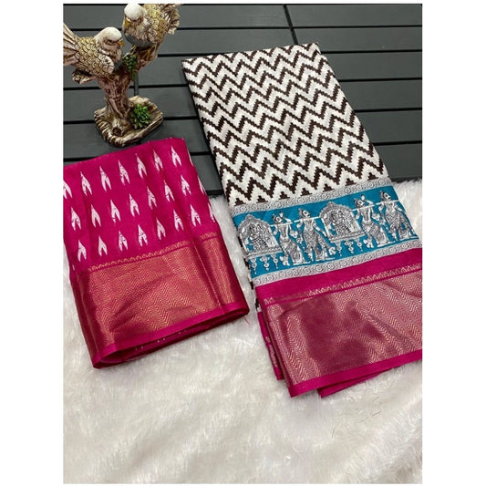 Amfyn Women's Soft Dola Cotton Kalamkari Printed Saree With Unstitched Blouse 5.5Mtr (Pink)