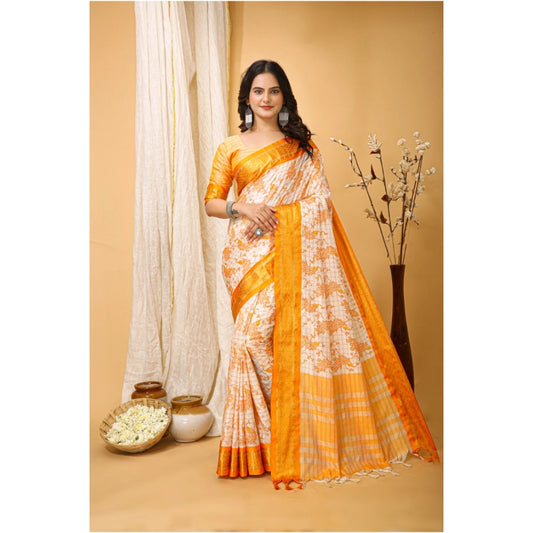 Amfyn Women's Soft Cotton Silk Printed Saree With Unstitched Blouse 5.5Mtr (Yellow)