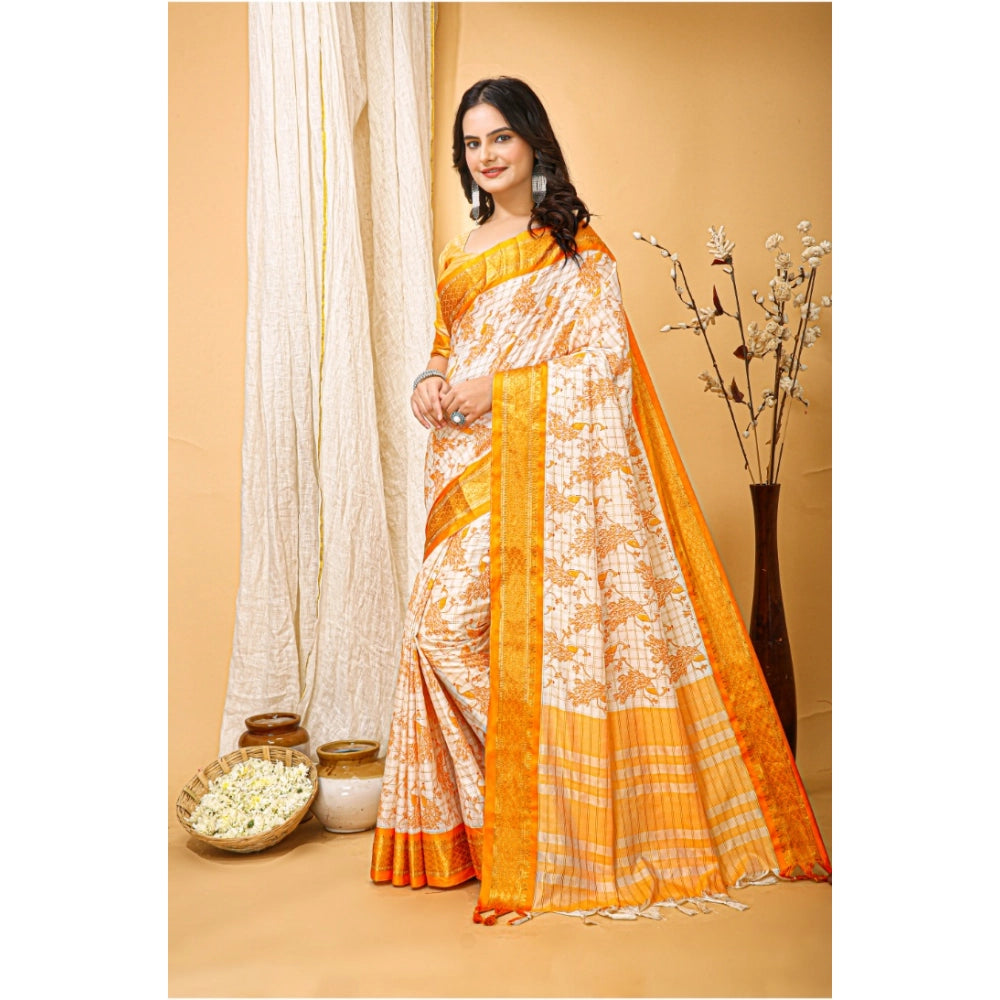 Amfyn Women's Soft Cotton Silk Printed Saree With Unstitched Blouse 5.5Mtr (Yellow)