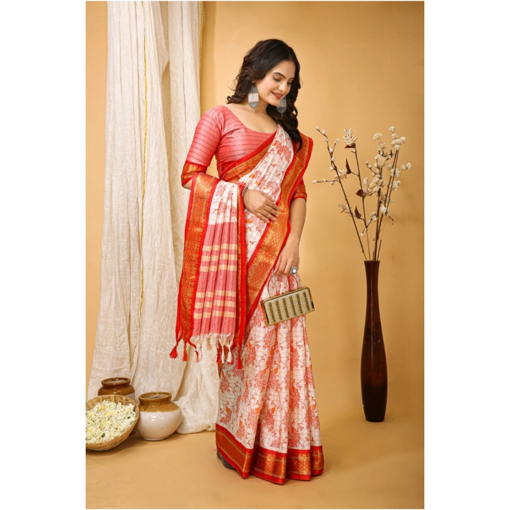 Amfyn Women's Soft Cotton Silk Printed Saree With Unstitched Blouse 5.5Mtr (Red)