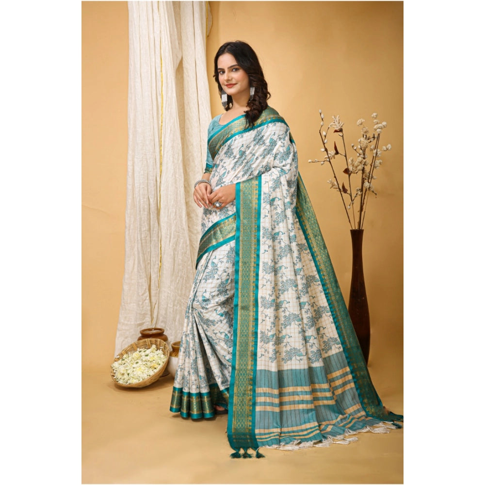 Amfyn Women's Soft Cotton Silk Printed Saree With Unstitched Blouse 5.5Mtr (Turquoise)