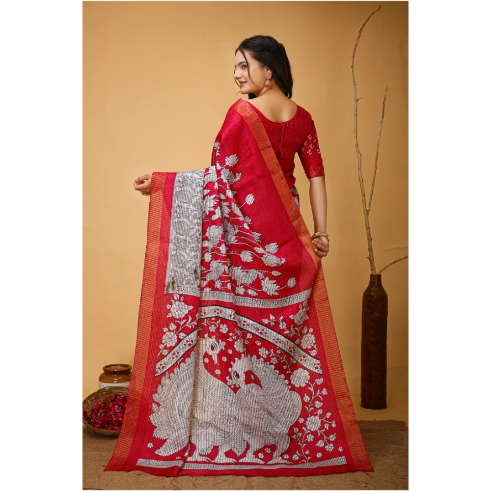 Amfyn Women's Soft Handloom Cotton Kalamkari Printed Saree With Unstitched Blouse 5.5Mtr (Pink)