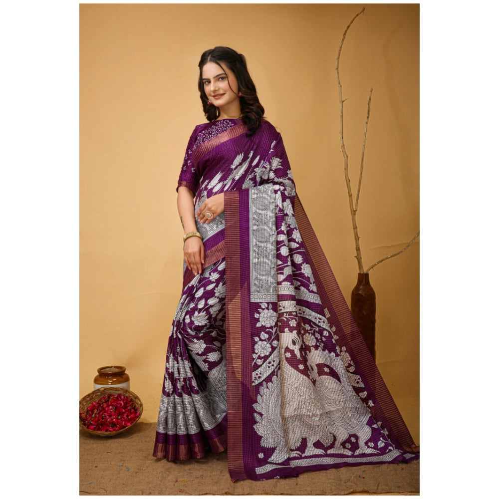 Amfyn Women's Soft Handloom Cotton Kalamkari Printed Saree With Unstitched Blouse 5.5Mtr (Purple)
