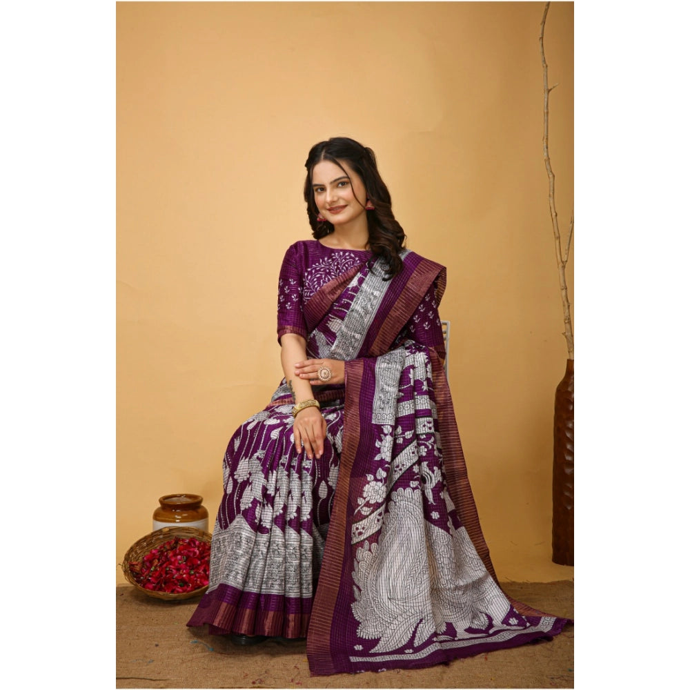 Amfyn Women's Soft Handloom Cotton Kalamkari Printed Saree With Unstitched Blouse 5.5Mtr (Purple)