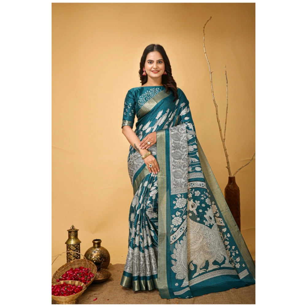 Amfyn Women's Soft Handloom Cotton Kalamkari Printed Saree With Unstitched Blouse 5.5Mtr (Turquoise)