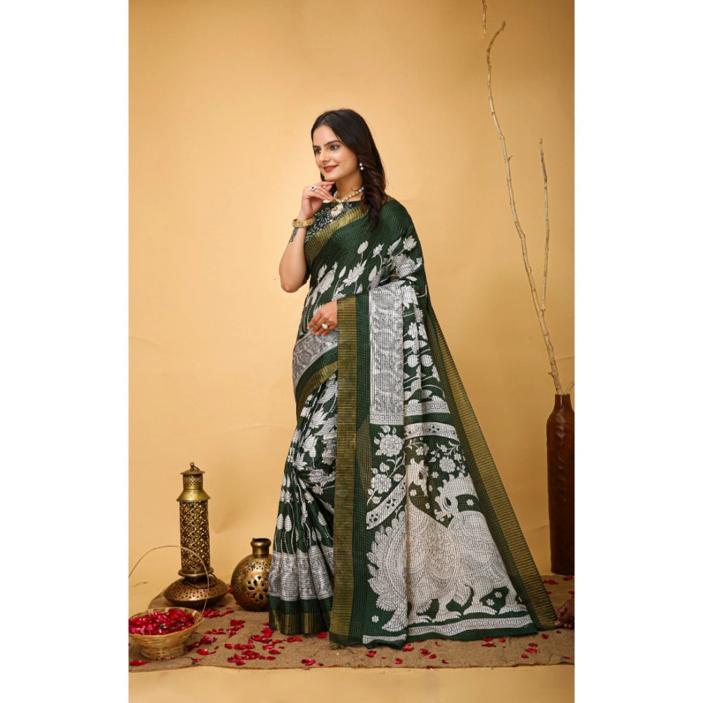 Amfyn Women's Soft Handloom Cotton Kalamkari Printed Saree With Unstitched Blouse 5.5Mtr (Green)