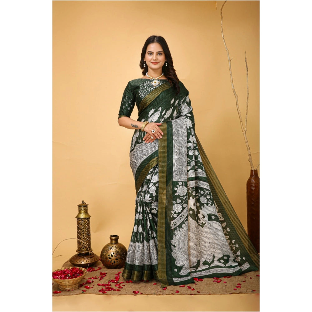 Amfyn Women's Soft Handloom Cotton Kalamkari Printed Saree With Unstitched Blouse 5.5Mtr (Green)