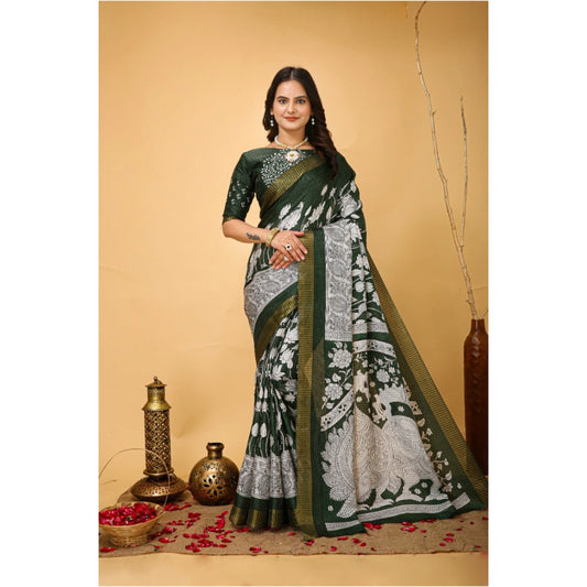 Amfyn Women's Soft Handloom Cotton Kalamkari Printed Saree With Unstitched Blouse 5.5Mtr (Green)