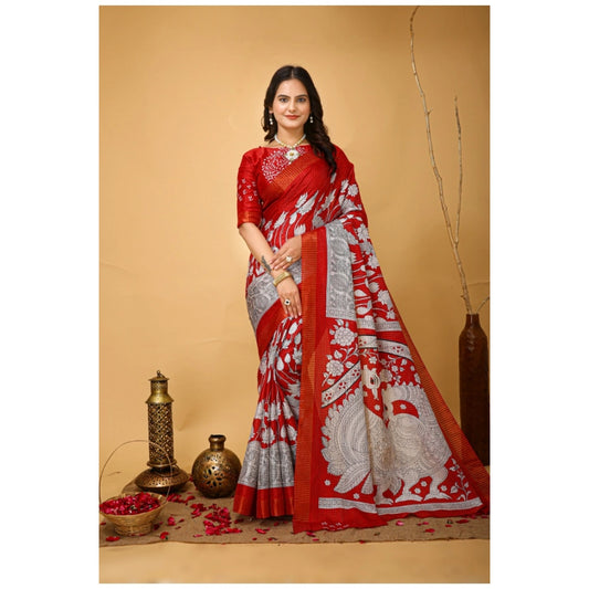 Amfyn Women's Soft Handloom Cotton Kalamkari Printed Saree With Unstitched Blouse 5.5Mtr (Red)