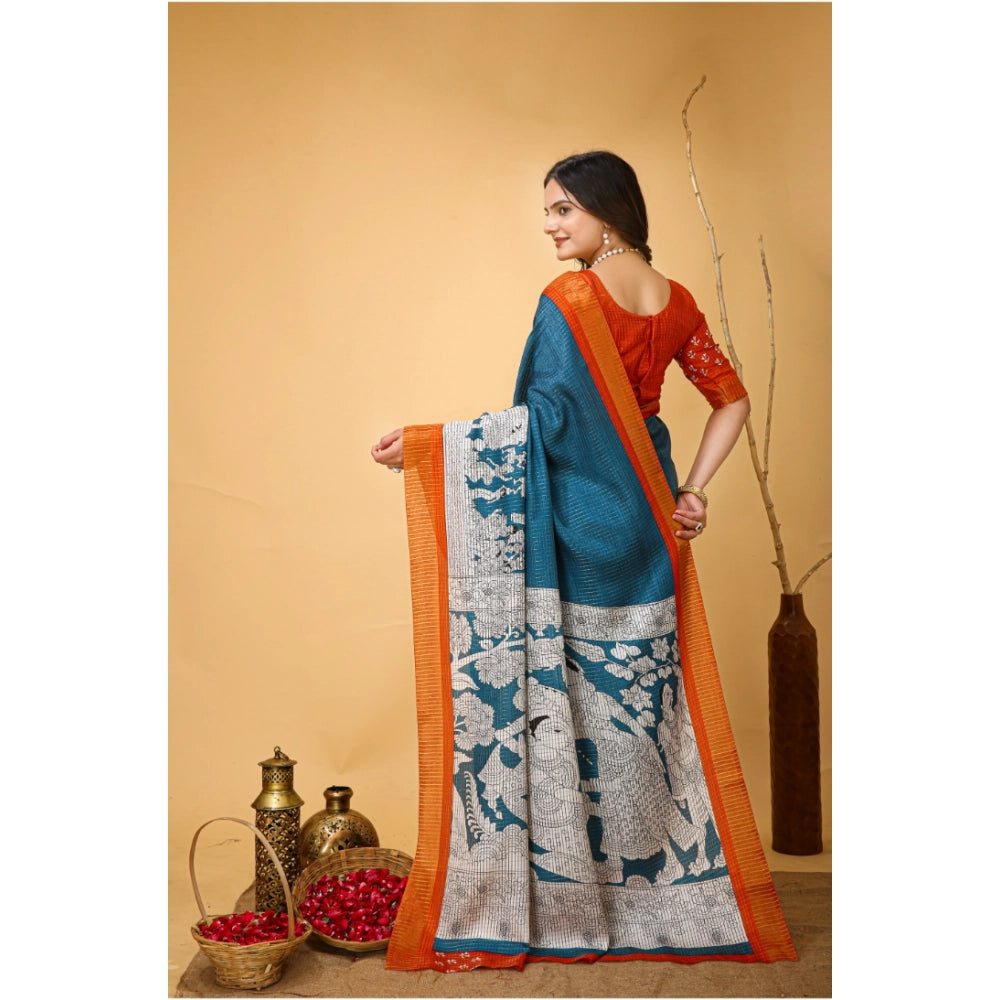 Amfyn Women's Soft Handloom Cotton Kalamkari Printed Saree With Unstitched Blouse 5.5Mtr (Teal Blue)