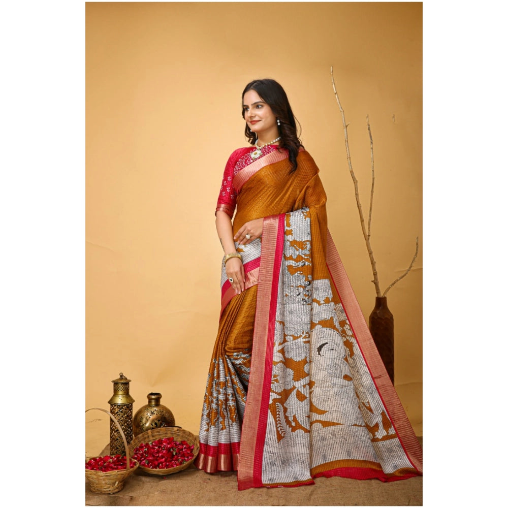 Amfyn Women's Soft Handloom Cotton Kalamkari Printed Saree With Unstitched Blouse 5.5Mtr (Mustard)