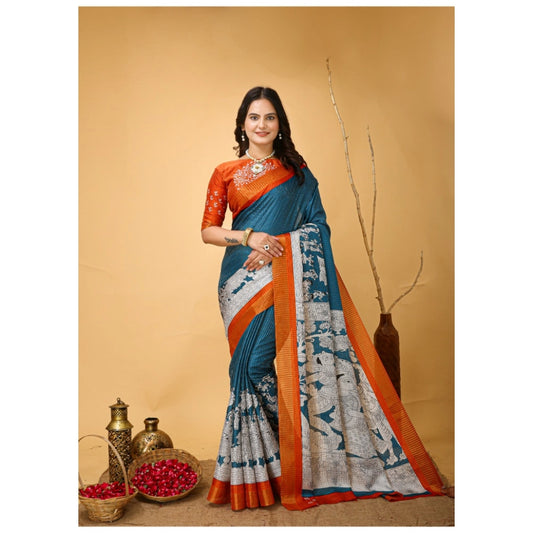 Amfyn Women's Soft Handloom Cotton Kalamkari Printed Saree With Unstitched Blouse 5.5Mtr (Teal Blue)